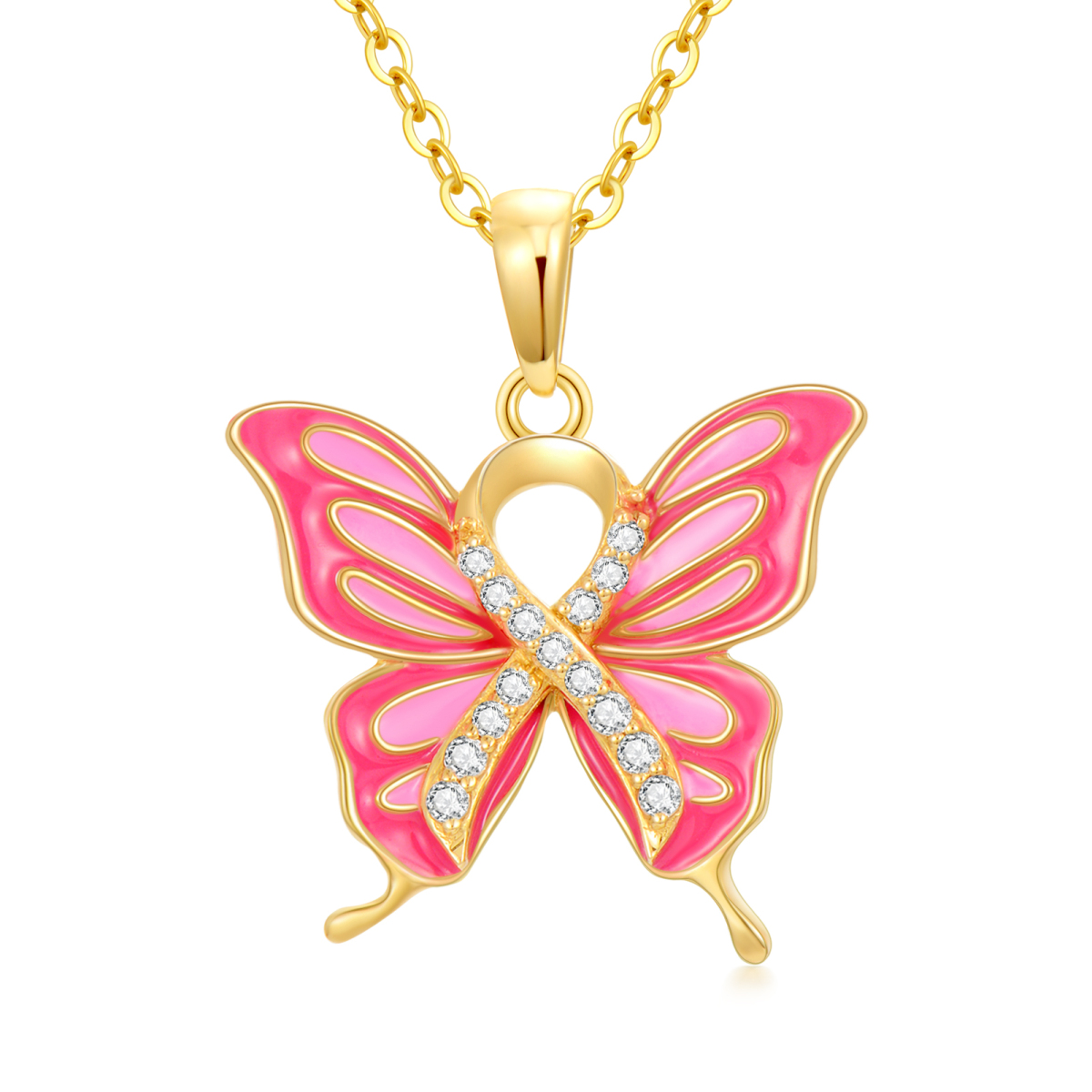 14K Gold Halskette mit Schmetterlingsanhänger und kreisförmigem Zirkonia-1