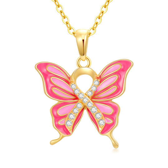 14K Gold Circular Shaped Cubic Zirconia Butterfly Pendant Necklace