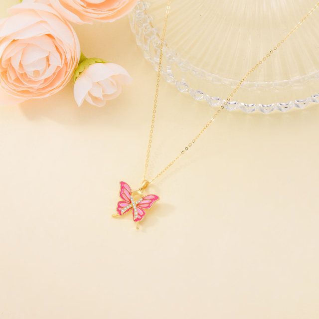 14K Gold Halskette mit Schmetterlingsanhänger und kreisförmigem Zirkonia-2