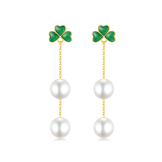Boucles d'oreilles pendantes en forme de trèfle et de perles en or 14 carats