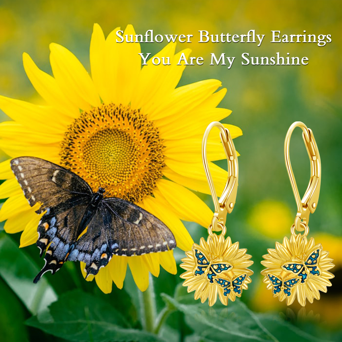 Sterling Silver with Yellow Gold Plated Butterfly & Sunflower Drop Earrings-6