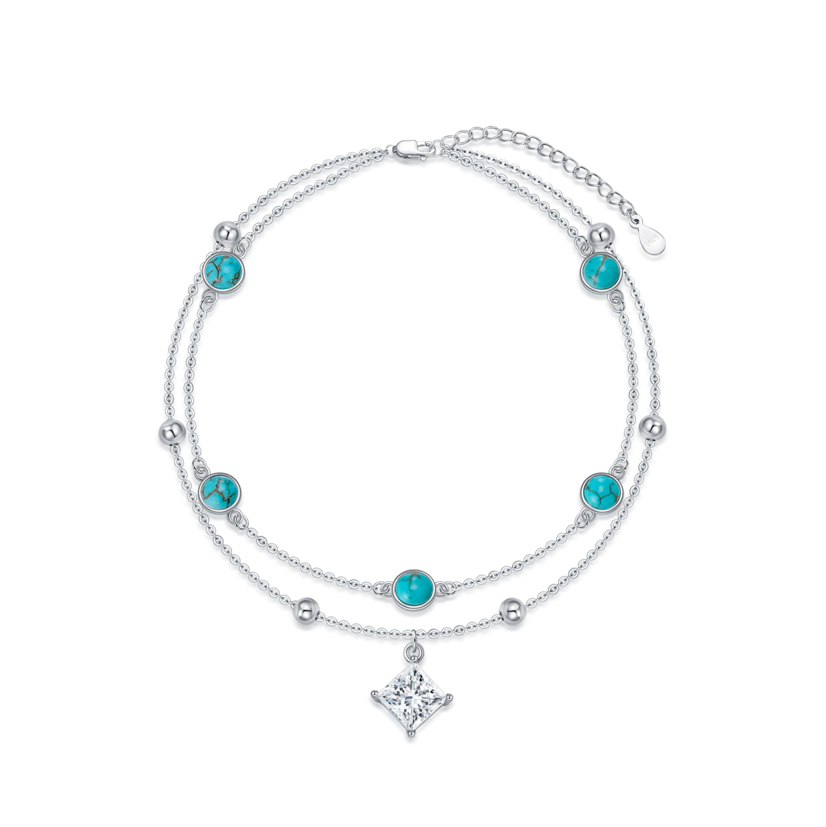 Sterling Silver Circular Shaped & Princess-square Shaped Moissanite & Turquoise Bead & Square Layerered Bracelet-1