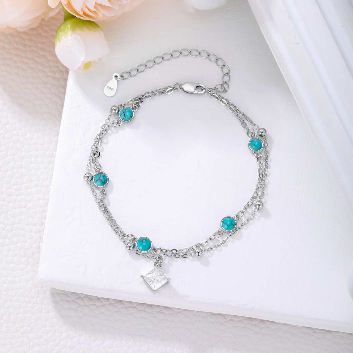 Sterling Silver Circular Shaped & Princess-square Shaped Moissanite & Turquoise Bead & Square Layerered Bracelet-5