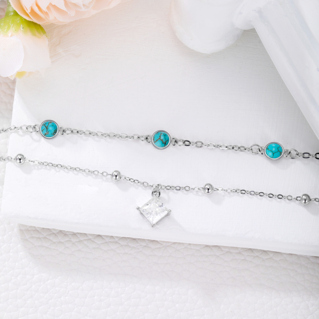 Sterling Silver Circular Shaped & Princess-square Shaped Moissanite & Turquoise Bead & Square Layerered Bracelet-3