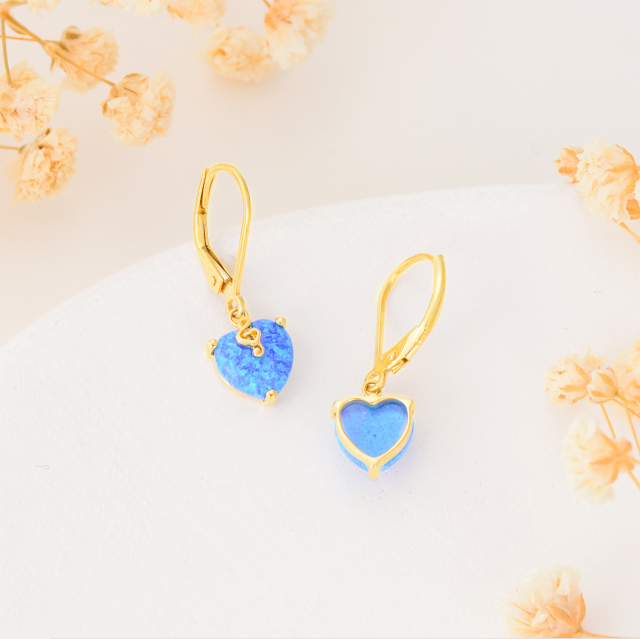14K Gold Heart Shaped Opal Heart Lever-back Earrings-3