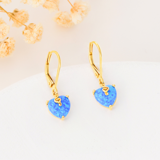 14K Gold Heart Shaped Opal Heart Lever-back Earrings-2