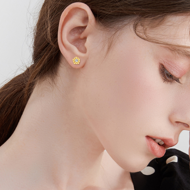 14K Solid Gold Flower Earrings Real Gold Flower Stud Earrings Yellow Gold Jewelry-1
