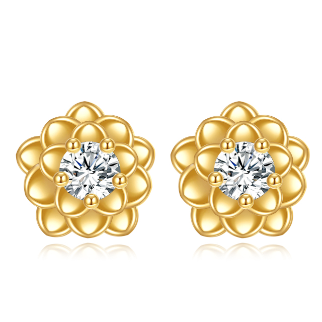 Boucles d'oreilles à fleurs en or massif 14 carats, boucles d'oreilles à tige en or véritable, bijoux en or jaune-0