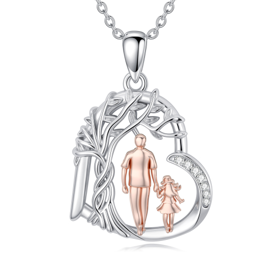 10K Silver & Rose Gold Cubic Zirconia Tree Of Life & Father & Daughter Pendant Necklace