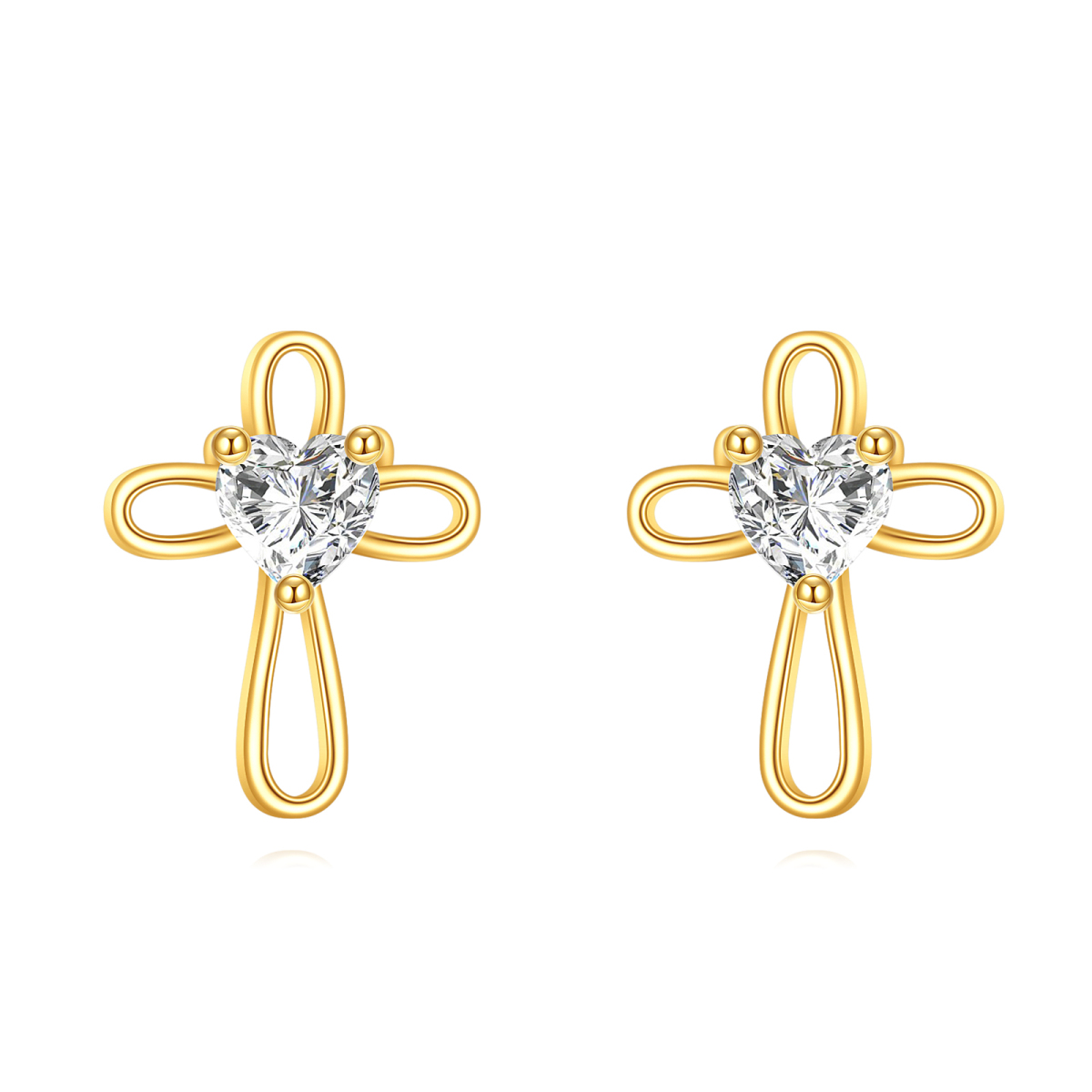 14K Gold Heart Shaped Cubic Zirconia Cross Stud Earrings-1