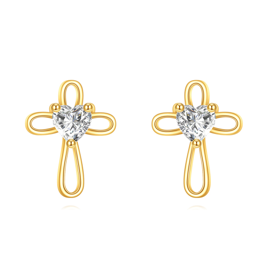 Boucles d'oreilles à tige en forme de cœur en or 14 carats avec croix en zircone cubique