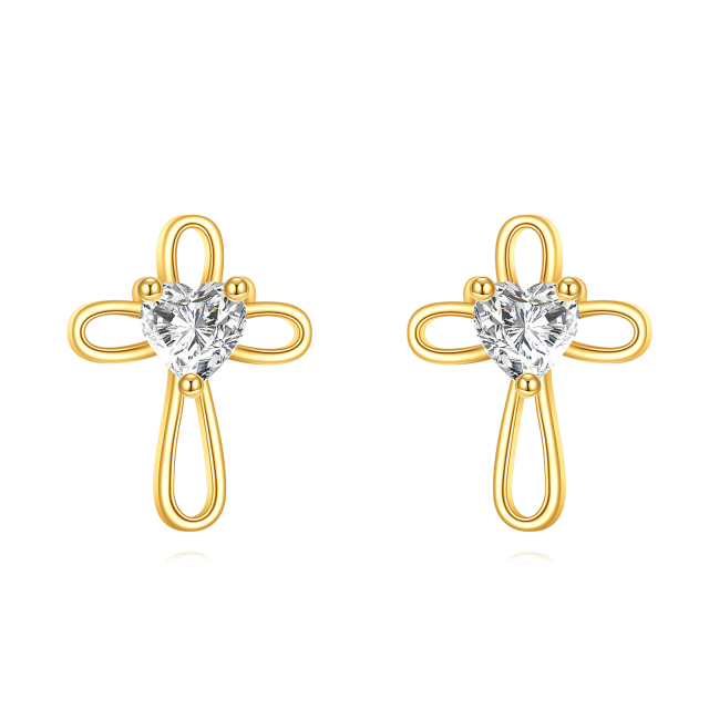 14K Gold Heart Shaped Cubic Zirconia Cross Stud Earrings-0