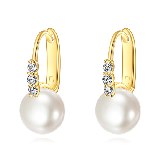 14K Gold Pearl Round Hoop Earrings