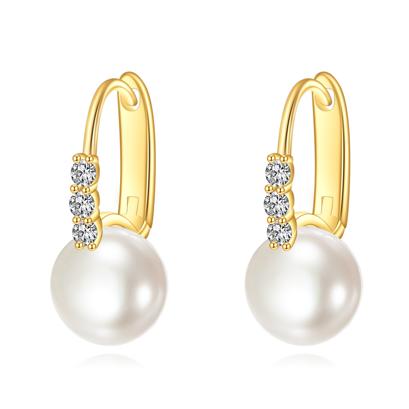 14K Gold Pearl Round Hoop Earrings