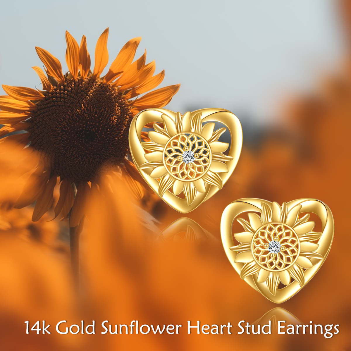 14K Gold Circular Shaped Cubic Zirconia Sunflower & Heart Stud Earrings-6