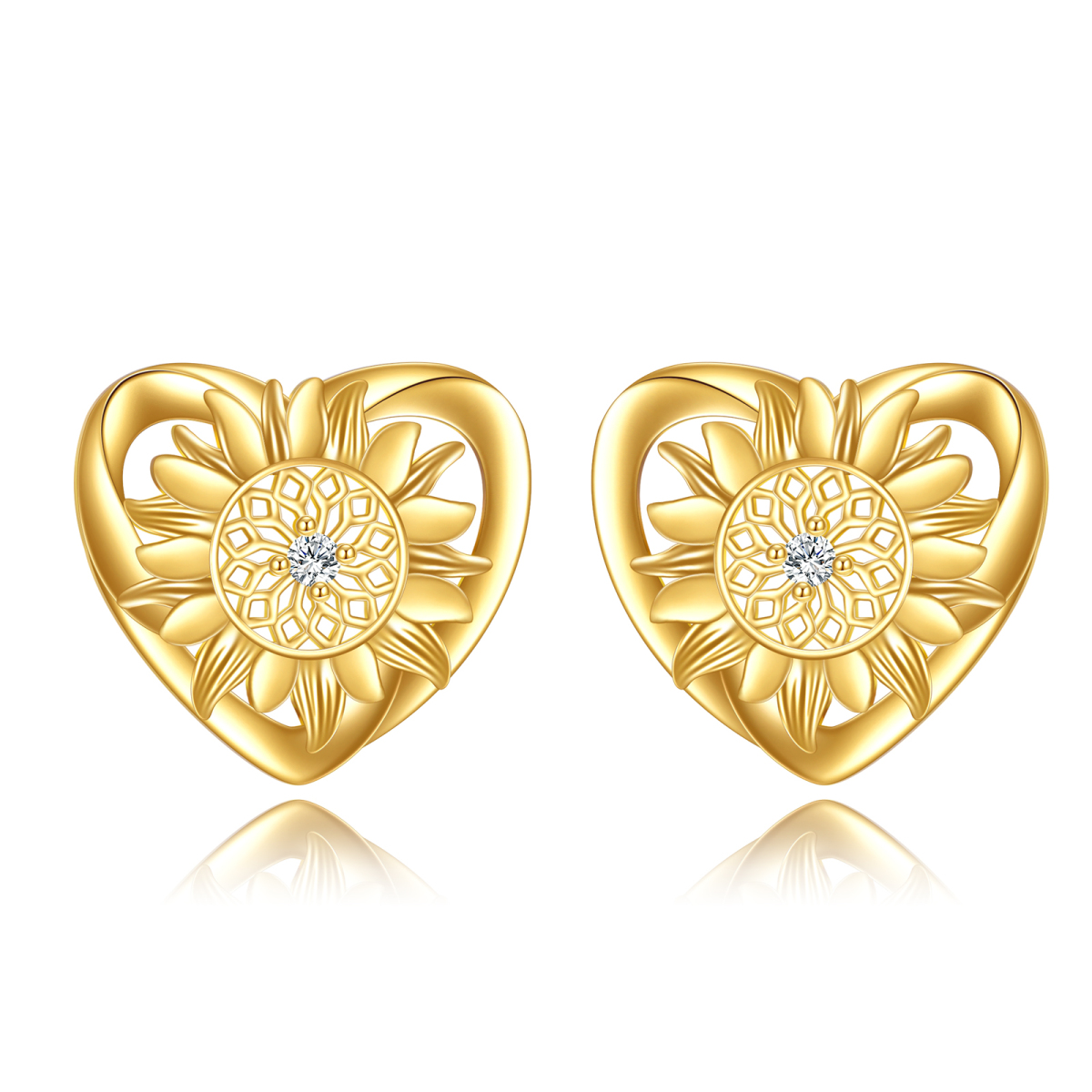 14K Gold Circular Shaped Cubic Zirconia Sunflower & Heart Stud Earrings-1