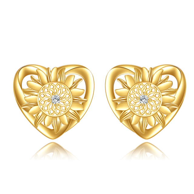 14K Gold Circular Shaped Cubic Zirconia Sunflower & Heart Stud Earrings-0