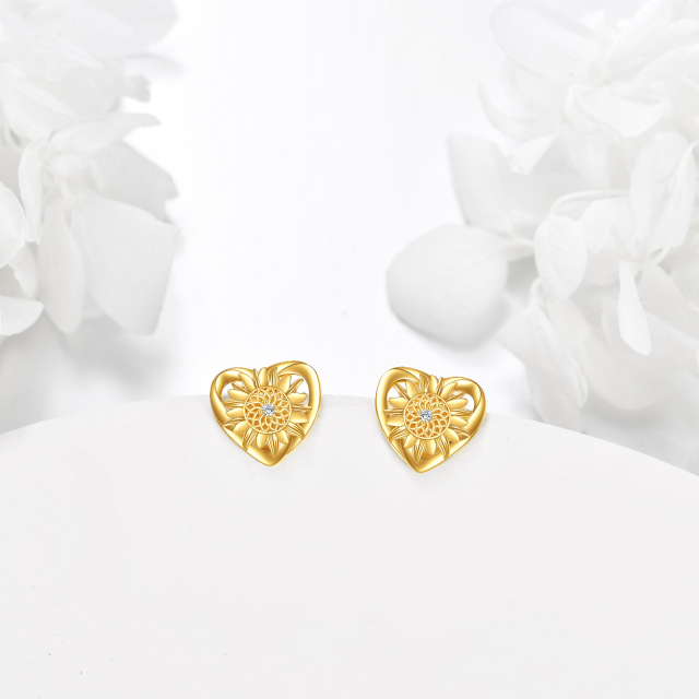 14K Gold Circular Shaped Cubic Zirconia Sunflower & Heart Stud Earrings-3