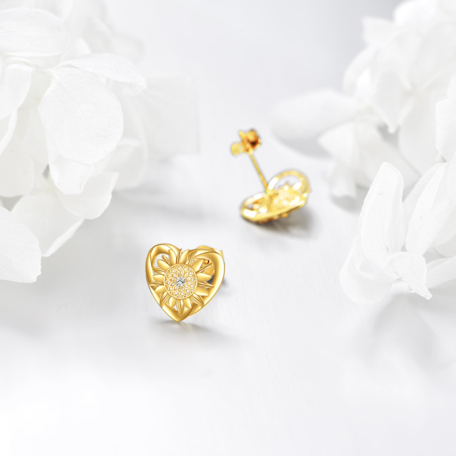 14K Gold Circular Shaped Cubic Zirconia Sunflower & Heart Stud Earrings-2