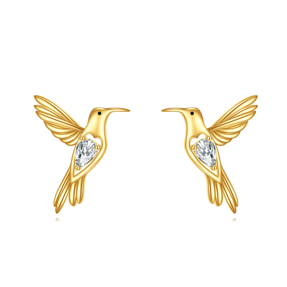 14K Gold Pear Shaped Cubic Zirconia Hummingbird Stud Earrings-1