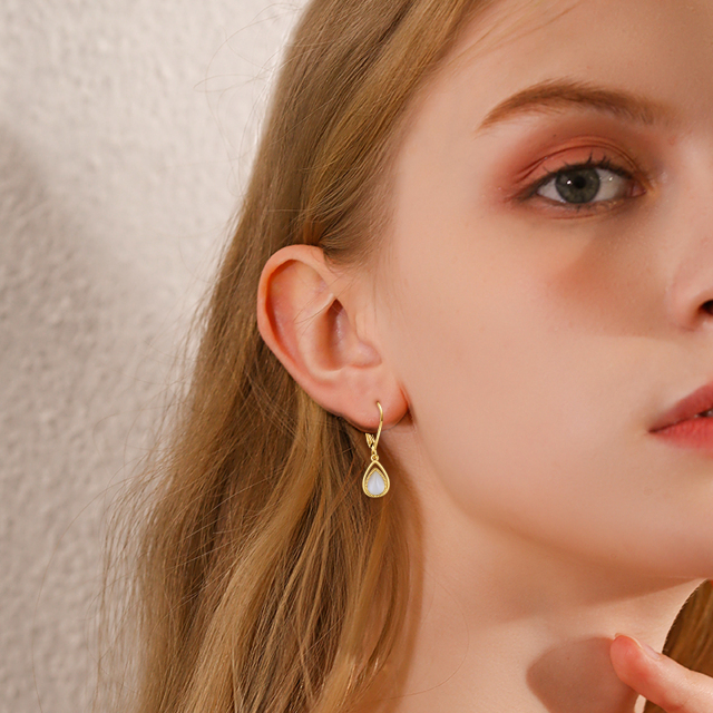 14K Gold Pear Shaped Moonstone Drop Shape Drop Earrings-1
