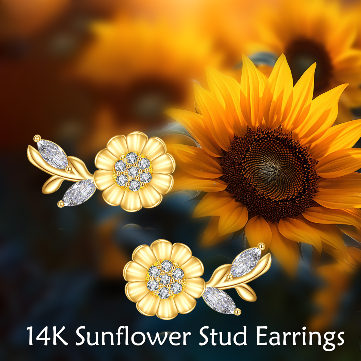 14K Gold Circular Shaped & Marquise Shaped Cubic Zirconia Sunflower Stud Earrings-6