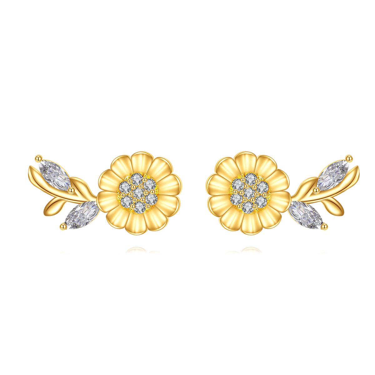 14K Gold Circular Shaped & Marquise Shaped Cubic Zirconia Sunflower Stud Earrings-1