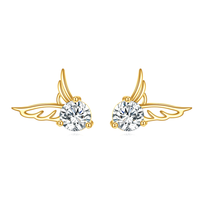 14K Gold Circular Shaped Cubic Zirconia Angel Wing Stud Earrings-1