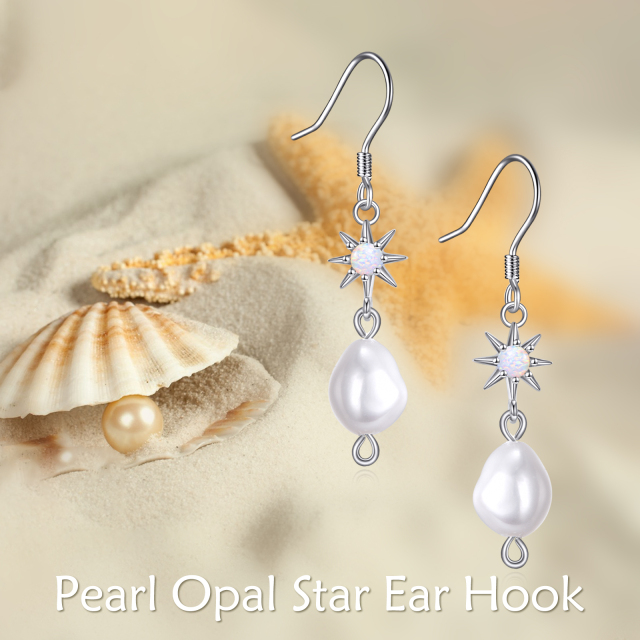 Sterling Silver Circular Shaped Opal & Pearl Star Drop Earrings-6