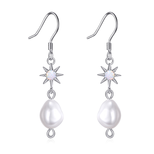 Sterling Silver Circular Shaped Opal & Pearl Star Drop Earrings