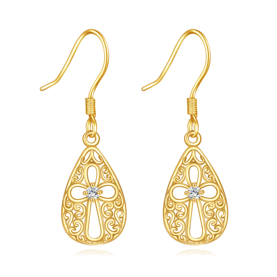 14K Gold Cubic Zirconia Cross Drop Earrings