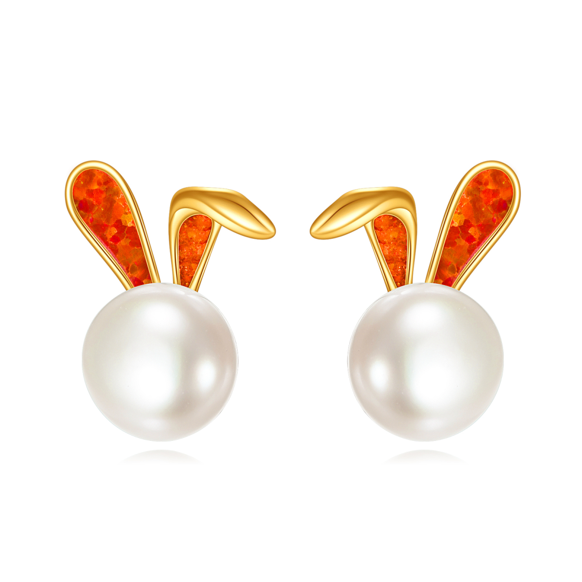 Boucles d'oreilles à tige en forme de lapin et de perles d'opale de forme circulaire en or 14 carats-1