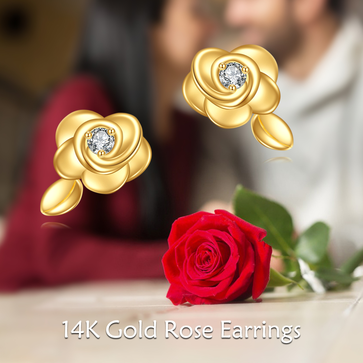 Boucles d'oreilles à tige en forme de rose moissanite circulaire en or 14 carats-6