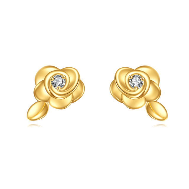 14K Gold Rose Studs as Gifts for Women Girls Charming Jewelry-0
