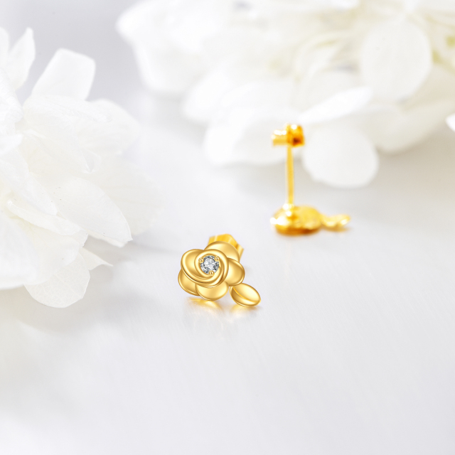 Boucles d'oreilles à tige en forme de rose moissanite circulaire en or 14 carats-2