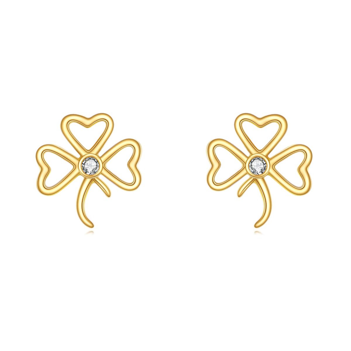 14K Gold Circular Shaped Cubic Zirconia Shamrock Stud Earrings-1