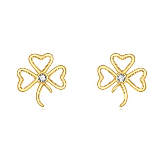 14K Gold Circular Shaped Cubic Zirconia Shamrock Stud Earrings