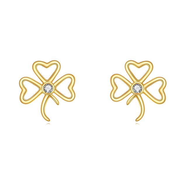 14K Gold Circular Shaped Cubic Zirconia Shamrock Stud Earrings-2