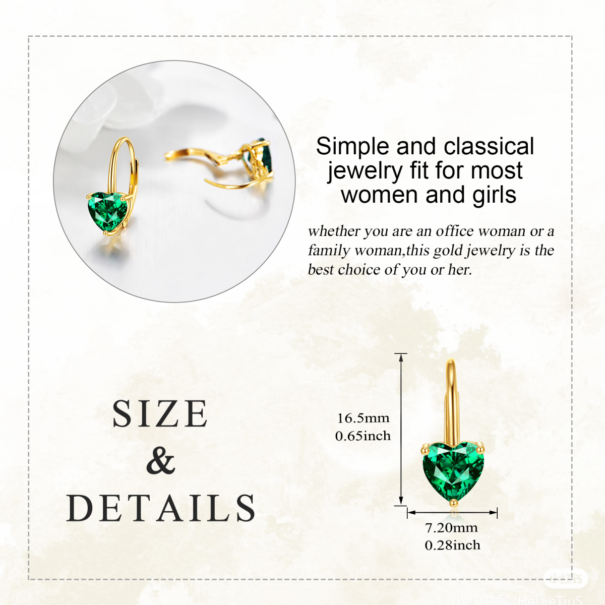 14K Gold Heart Shaped Emerald Heart Lever-back Earrings-5