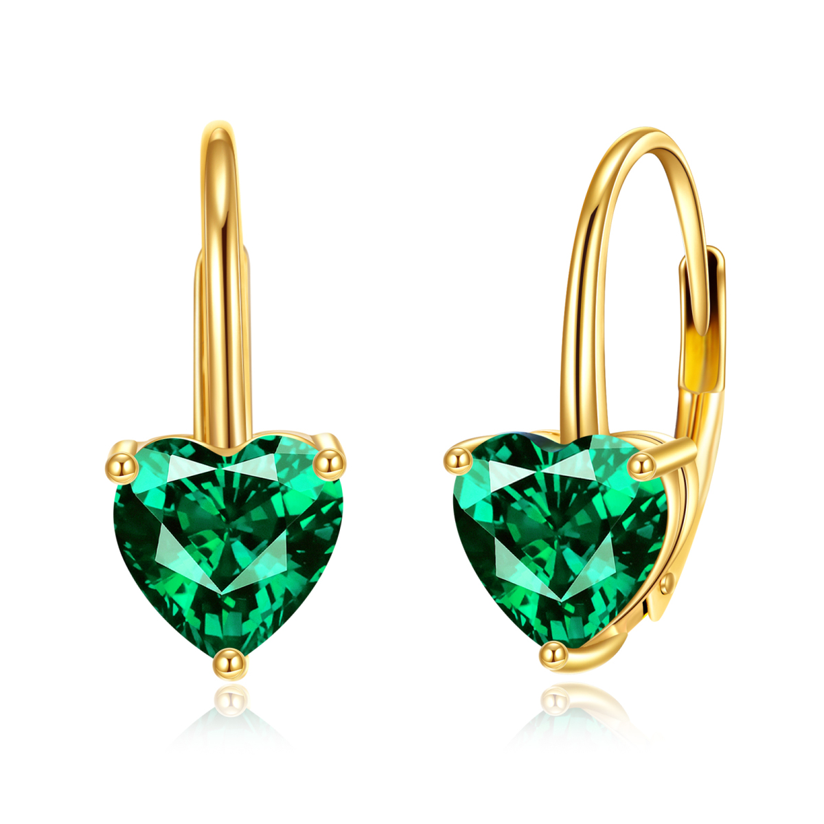 14K Gold Heart Shaped Emerald Heart Lever-back Earrings-1