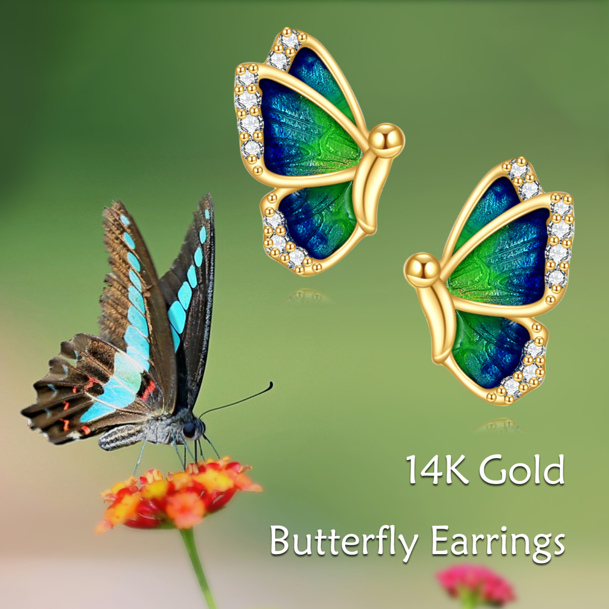 14K Gold Circular Shaped Cubic Zirconia Butterfly Stud Earrings-6