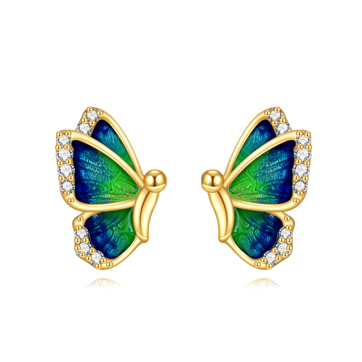 14K Gold Circular Shaped Cubic Zirconia Butterfly Stud Earrings-1