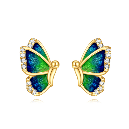 14K Gold Circular Shaped Cubic Zirconia Butterfly Stud Earrings