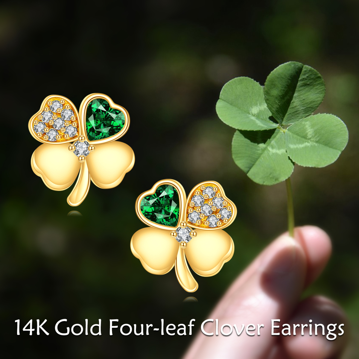 14K Gold Circular Shaped & Heart Shaped Cubic Zirconia Four Leaf Clover Stud Earrings-6