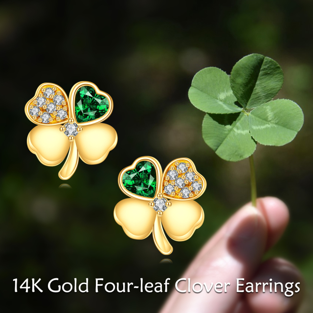 14K Gold Circular Shaped & Heart Shaped Cubic Zirconia Four Leaf Clover Stud Earrings-5