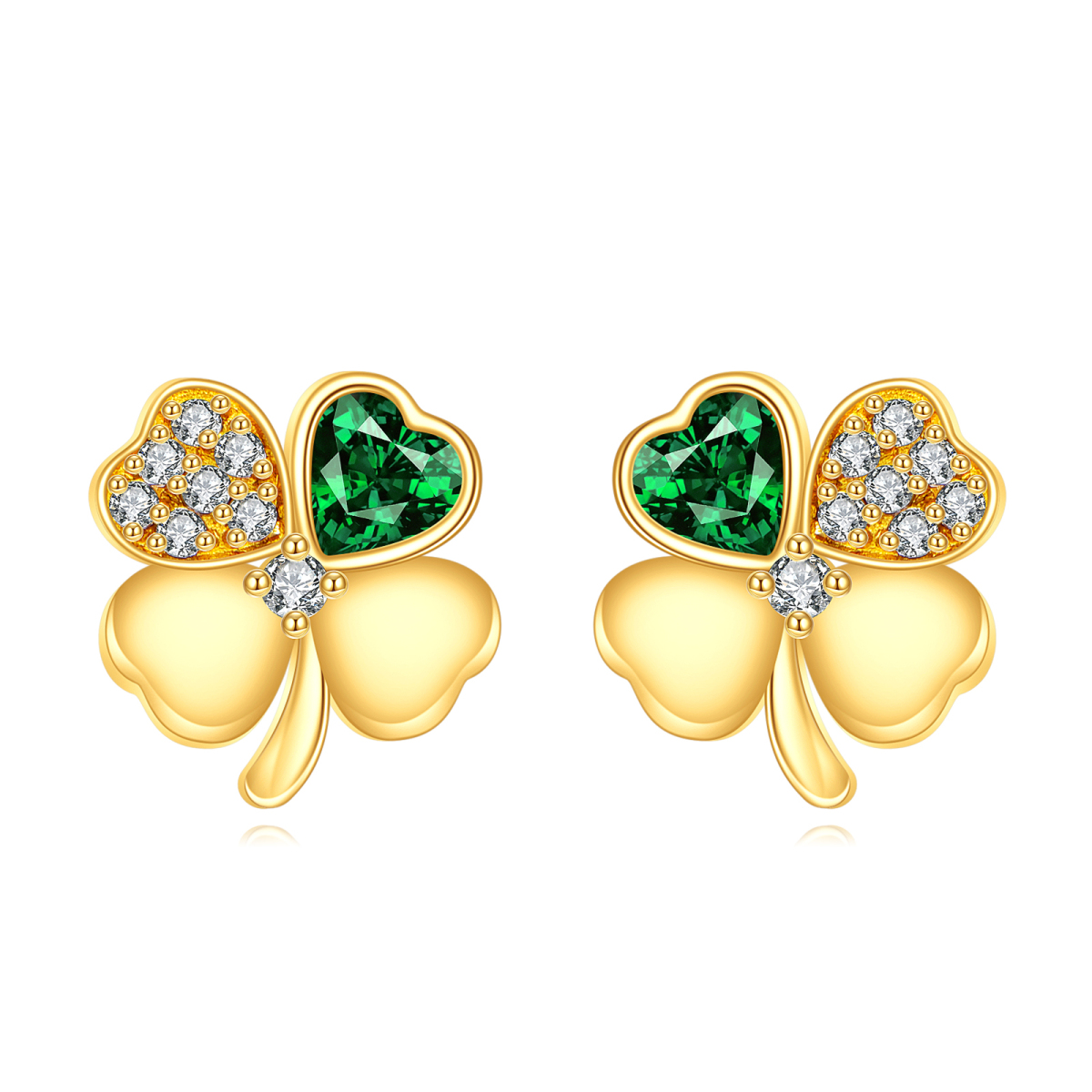 14K Gold Circular Shaped & Heart Shaped Cubic Zirconia Four Leaf Clover Stud Earrings-1