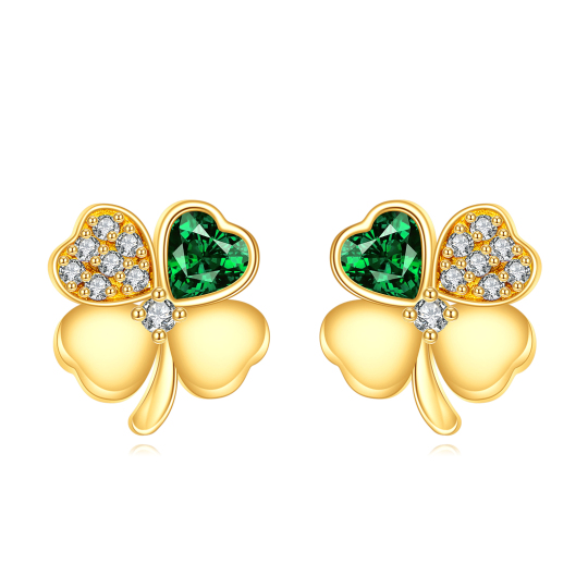 14K Gold Circular Shaped & Heart Shaped Cubic Zirconia Four Leaf Clover Stud Earrings