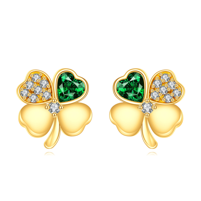 14K Gold Circular Shaped & Heart Shaped Cubic Zirconia Four Leaf Clover Stud Earrings-0