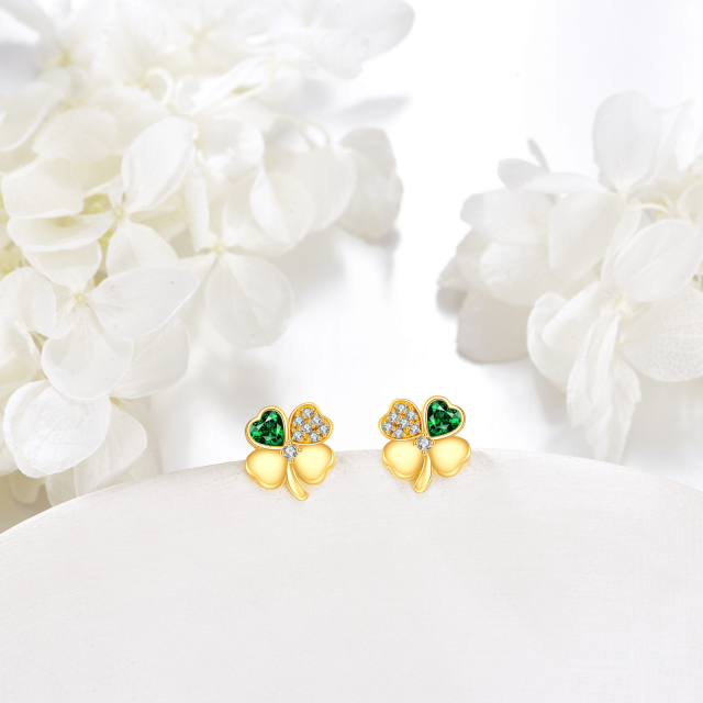 14K Gold Circular Shaped & Heart Shaped Cubic Zirconia Four Leaf Clover Stud Earrings-2