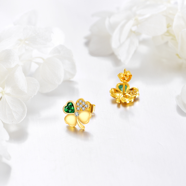 Boucles d'oreilles à tige en or 14 carats avec zircone cubique en forme de cœur en forme de trèfle à quatre feuilles-4